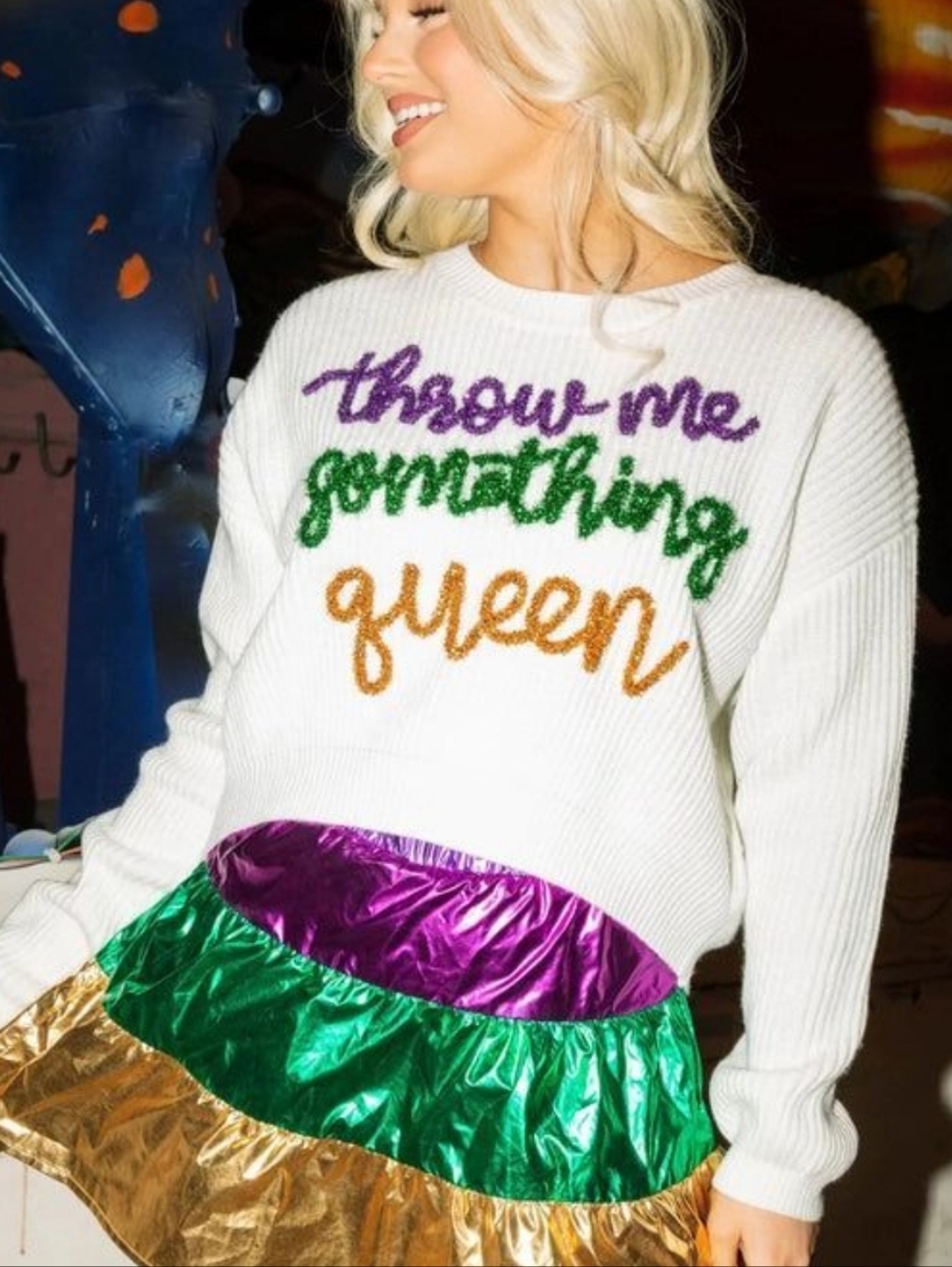 QUEEN OF SPARKLES Throw Me Something Queen Sweater Mardi Gras Crown Sequins